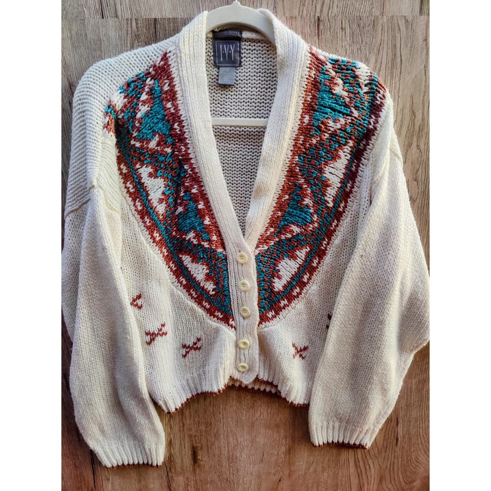 Y2K Vintage IVY Hand Knit Sweater Boho Western Coastal Cowgirl‎ Aztec SZ. M/L